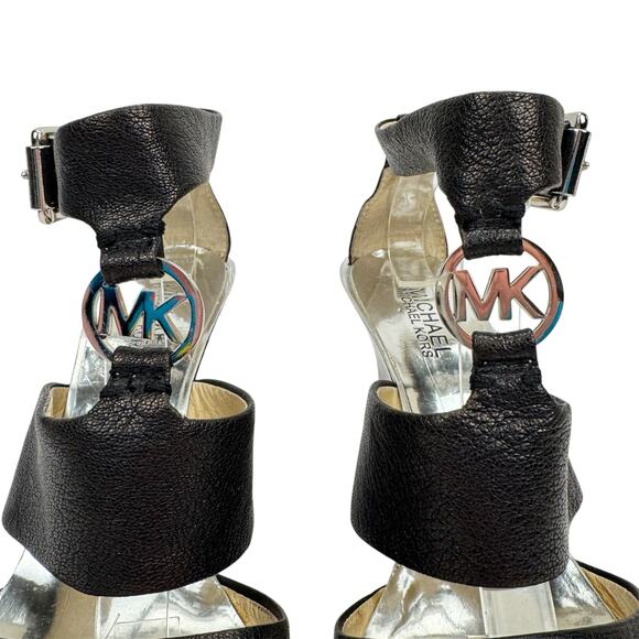 Michael Michael Kors Logo Black Leather Metallic Strappy Wedge Sandals Sz 7.5M - Picture 4 of 16